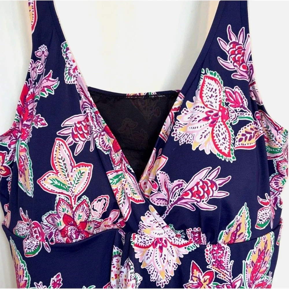 Swimsuits For All Size 28 Plus Floral Swim Dress Tummy Control Navy